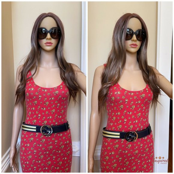 Authentic GUCCI Web Canvas Leather Gold Interlocking G Buckle Belt 85/34 - Picture 4 of 13